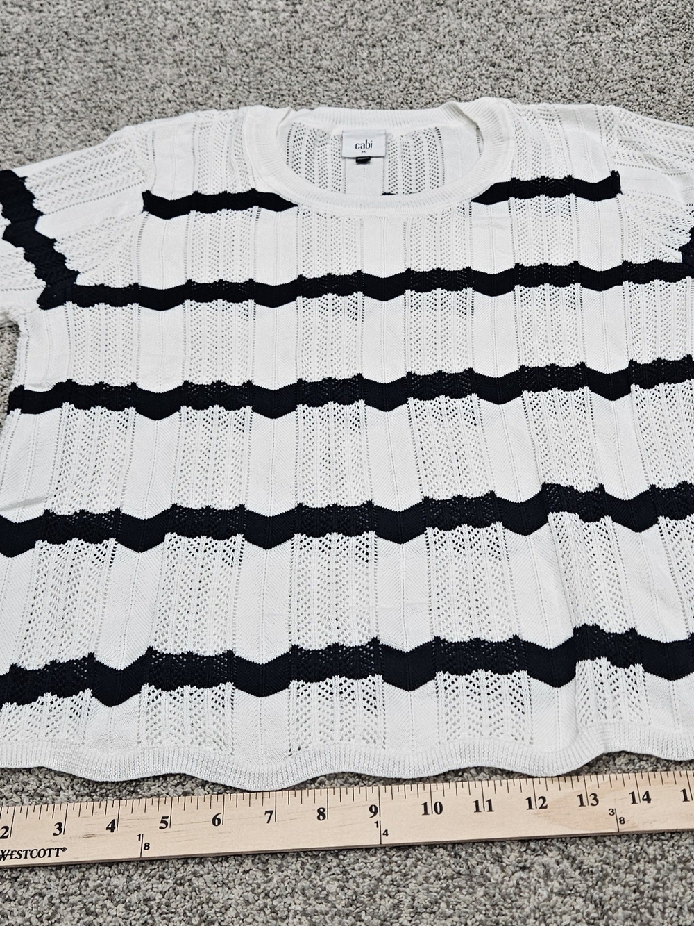 Cabi Open-Knit Striped Sweater in White and Navy - Picture 3 of 5